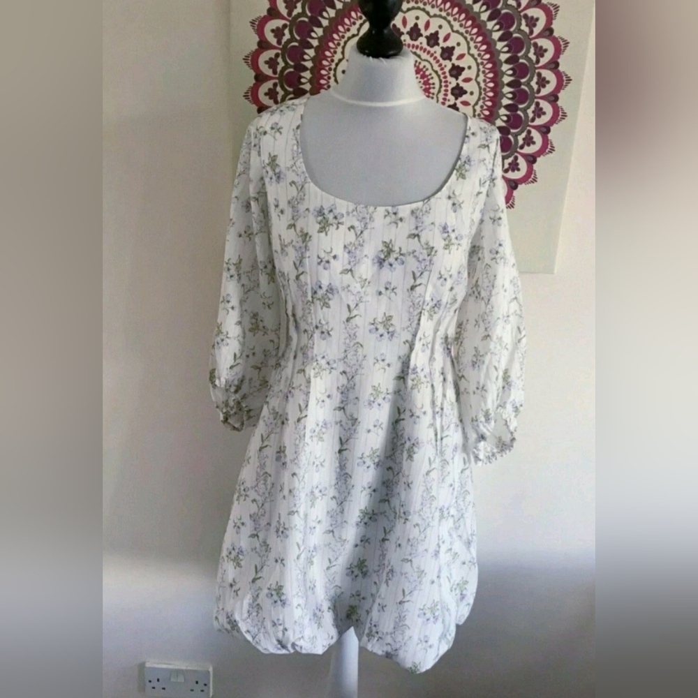 H&M White Mini Dress with Delicate Green Floral Print